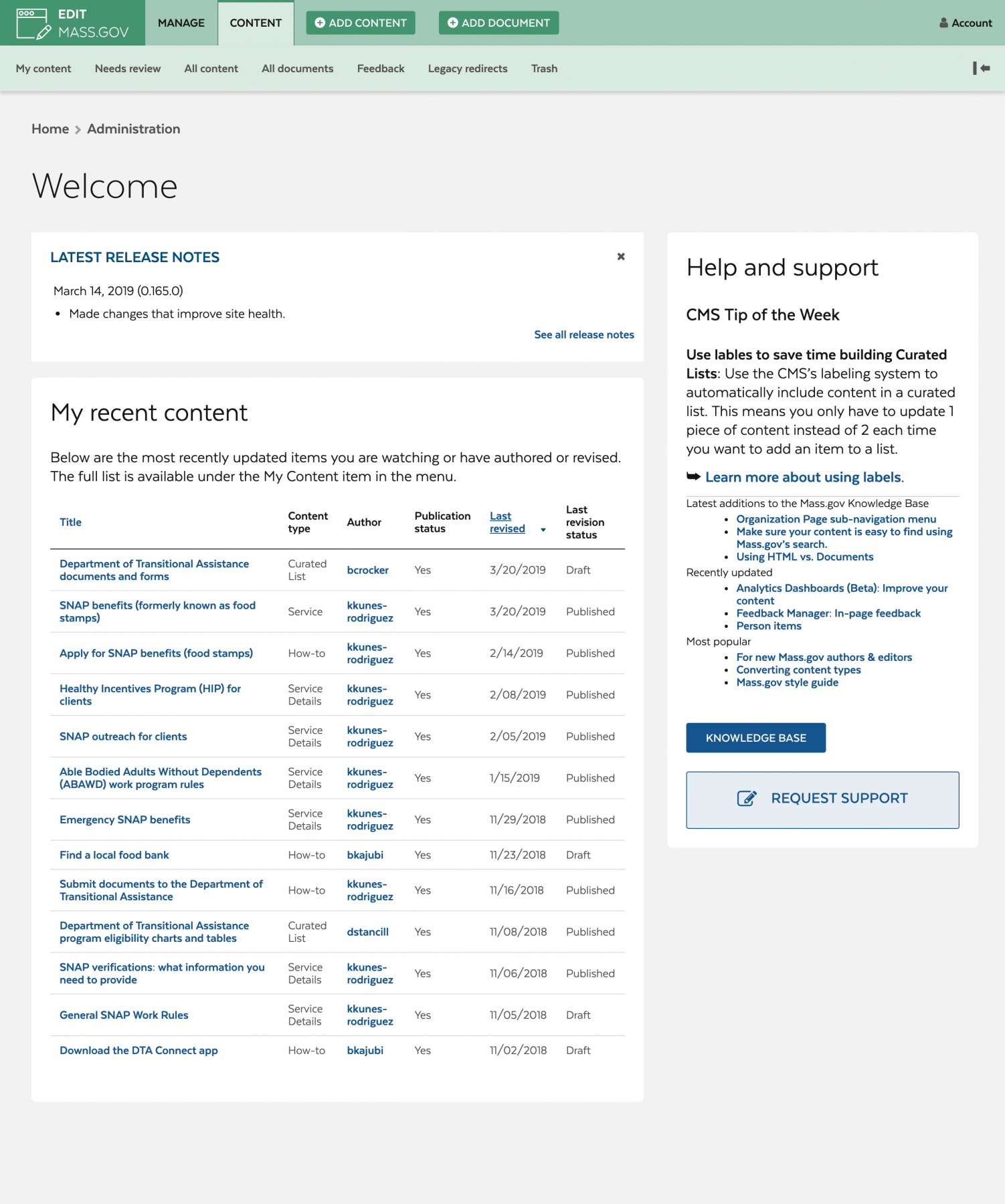 The final “home page” of the Admin theme for Mass.gov.