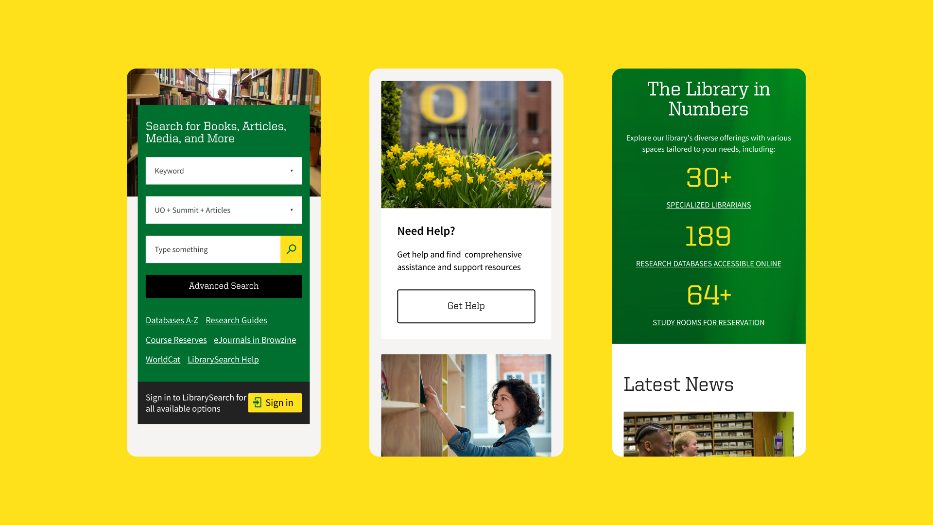 Showcase of the University of Oregon Libraries mobile pages.