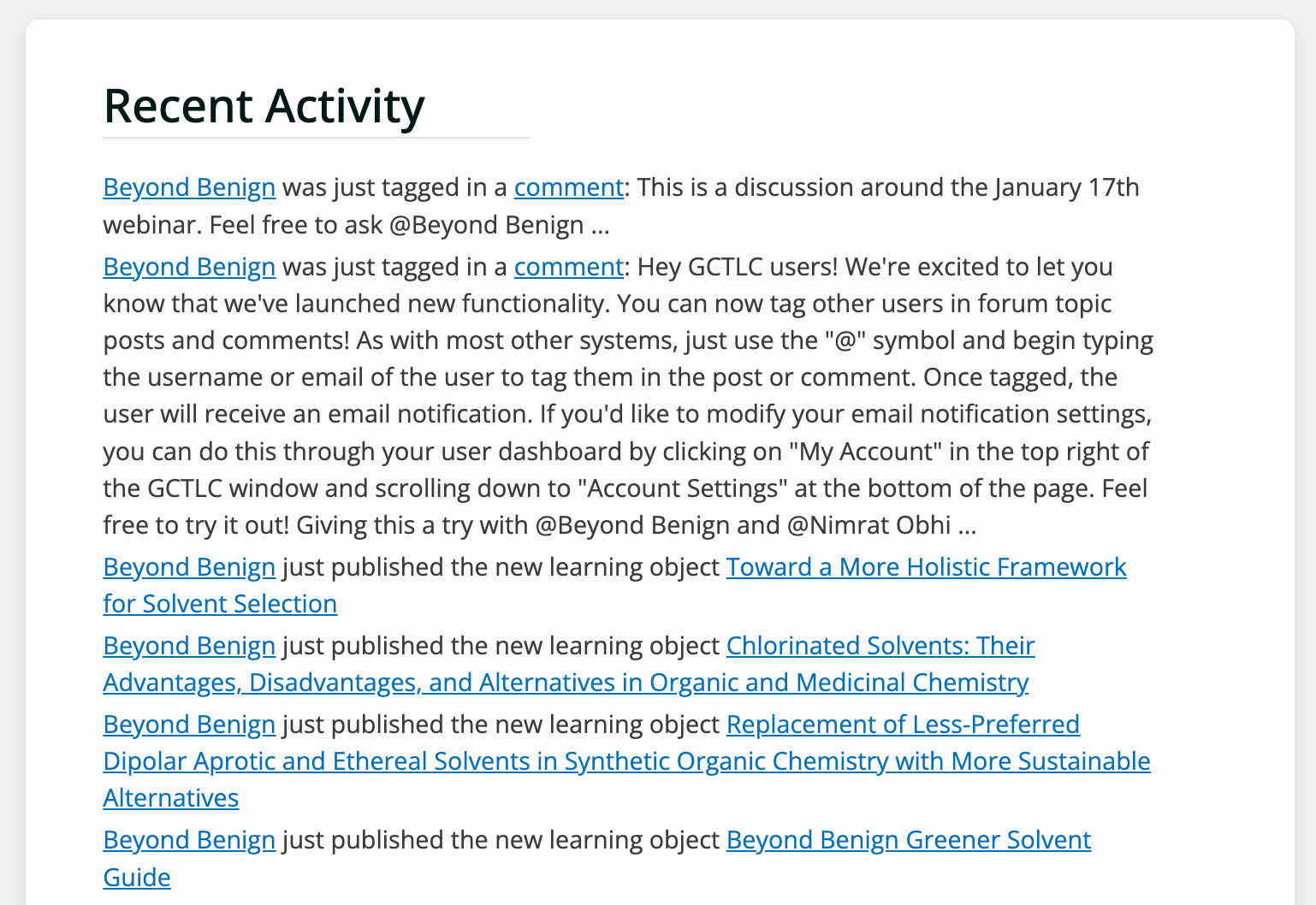 Screenshot of Beyond Benign's website activity feed including submitted content and other users tagging Beyond Benign in comment