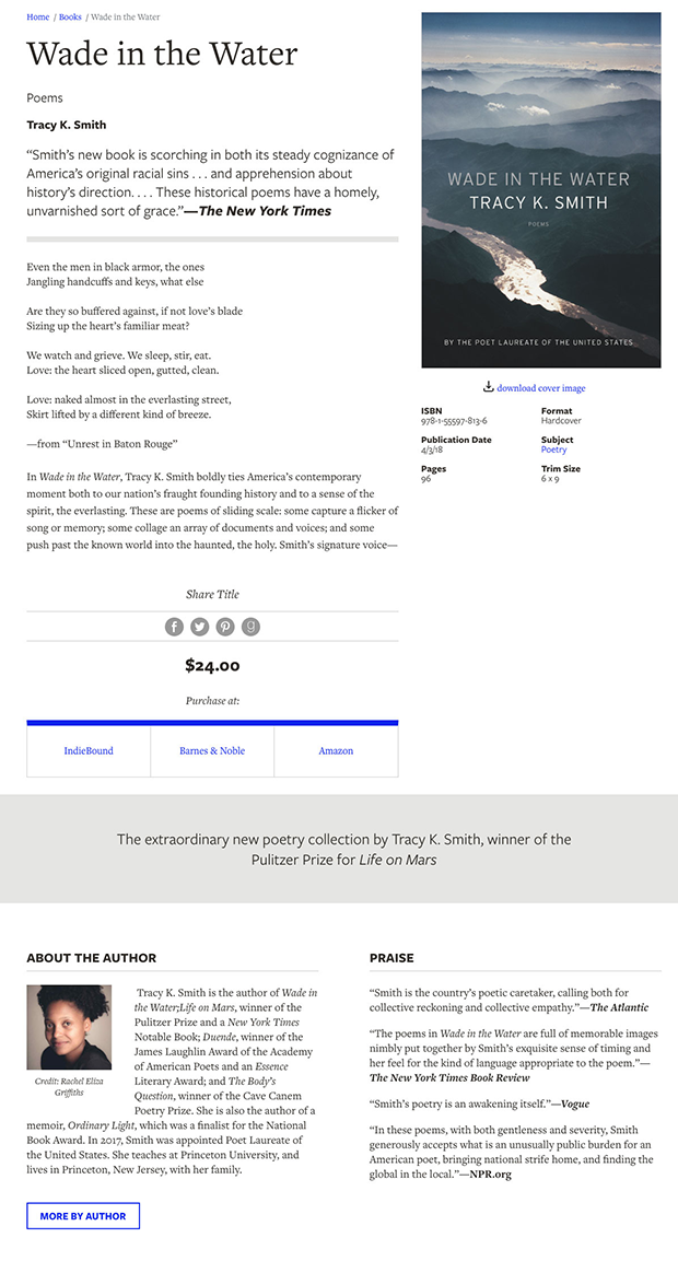 Screenshot from Graywolf website, showing individual book node with title, cover image, about the author, book reviews, and more