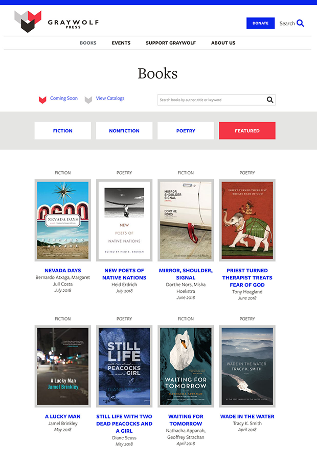 Screenshot of the primary Books page on Graywolf website, showing a grid of book covers with titles