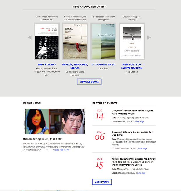 Screenshot from Graywolf website, showing featured book titles and upcoming events