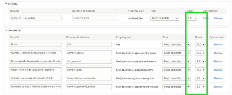 Configuration of indexable field settings and relative weights 