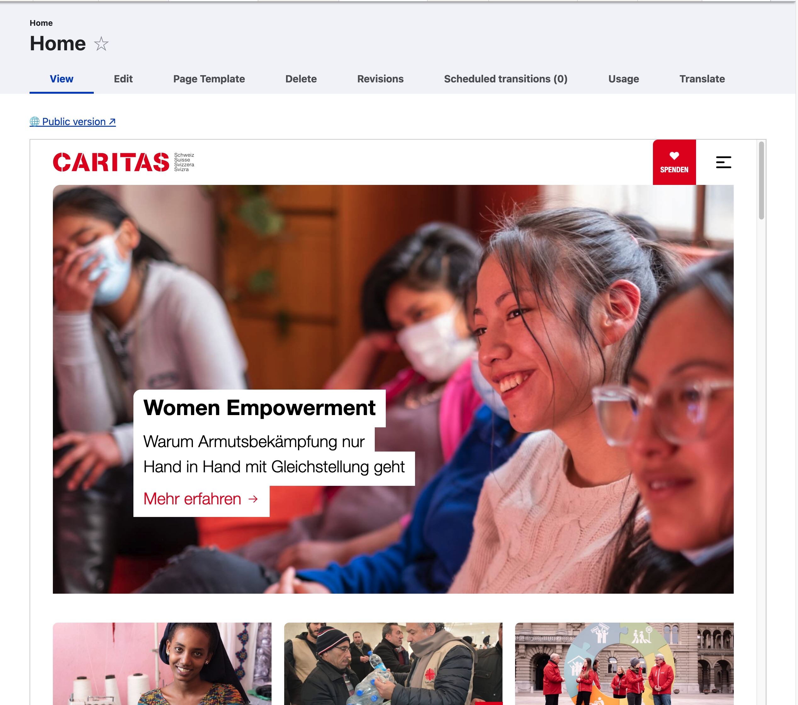 Preview of the Caritas Schweiz homepage