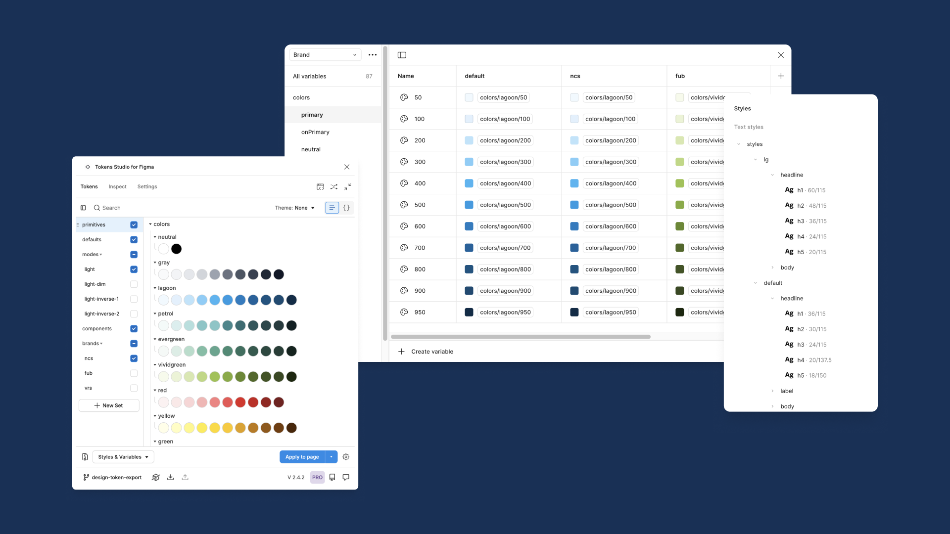 Tokens in the Tokens Studio plugin (left) and in Figma variables and styles (right)