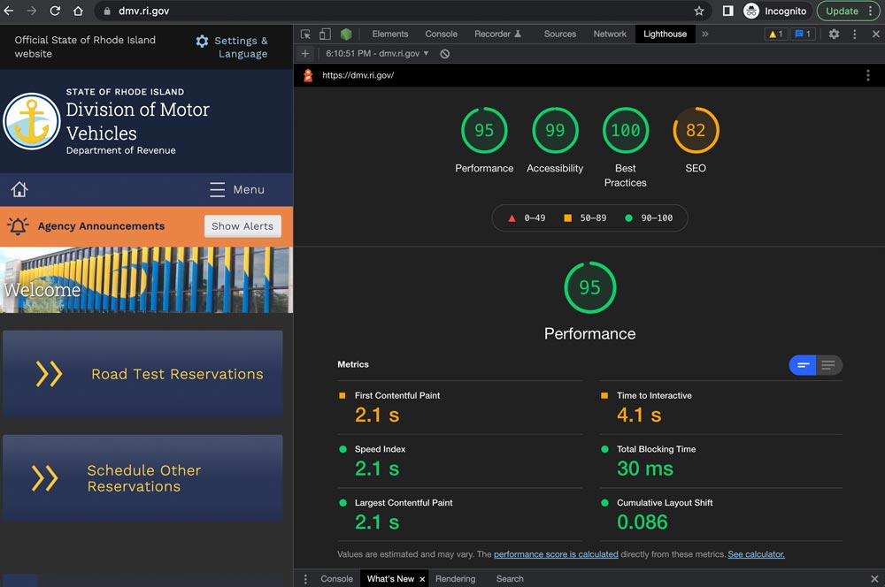 A screen shot of the Google Lighthouse scores for one of the sites, showing a 95 for performance, 99 for accessibility, 100 for best practices, and 82 for SEO