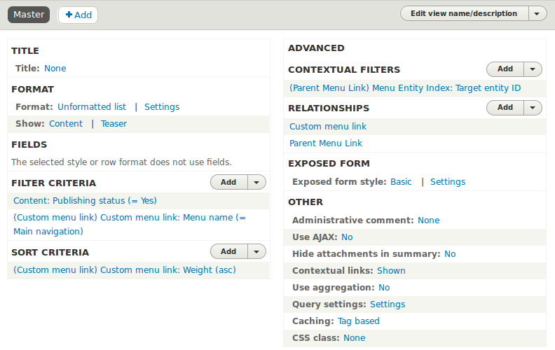 Example view display using views integration provided by Menu Entity Index