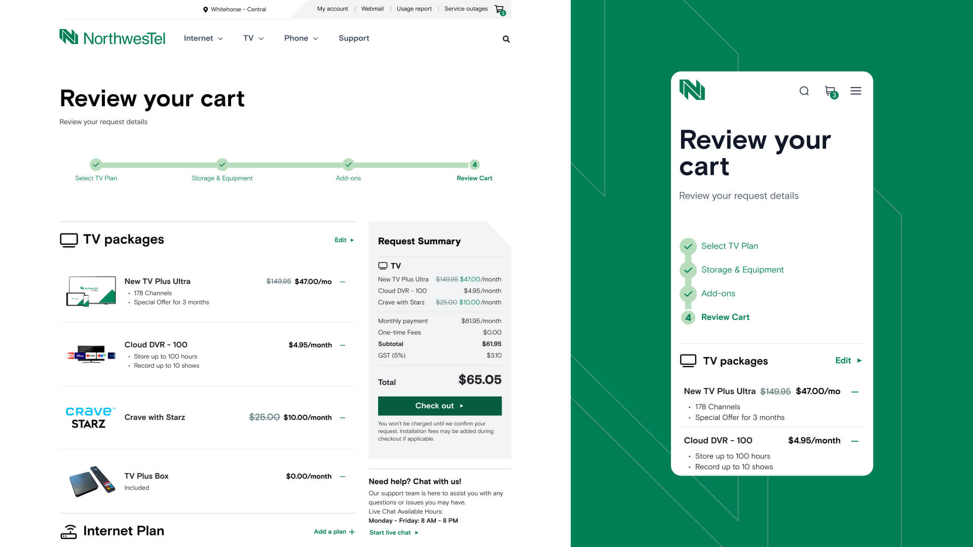 Showcase of the Northwestel custom shopping cart feature on desktop and mobile.