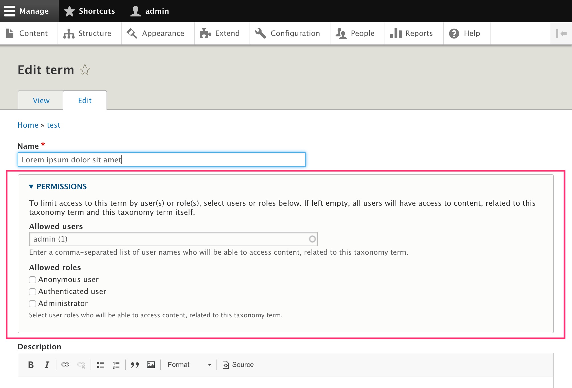 Permissions for Taxonomy Terms