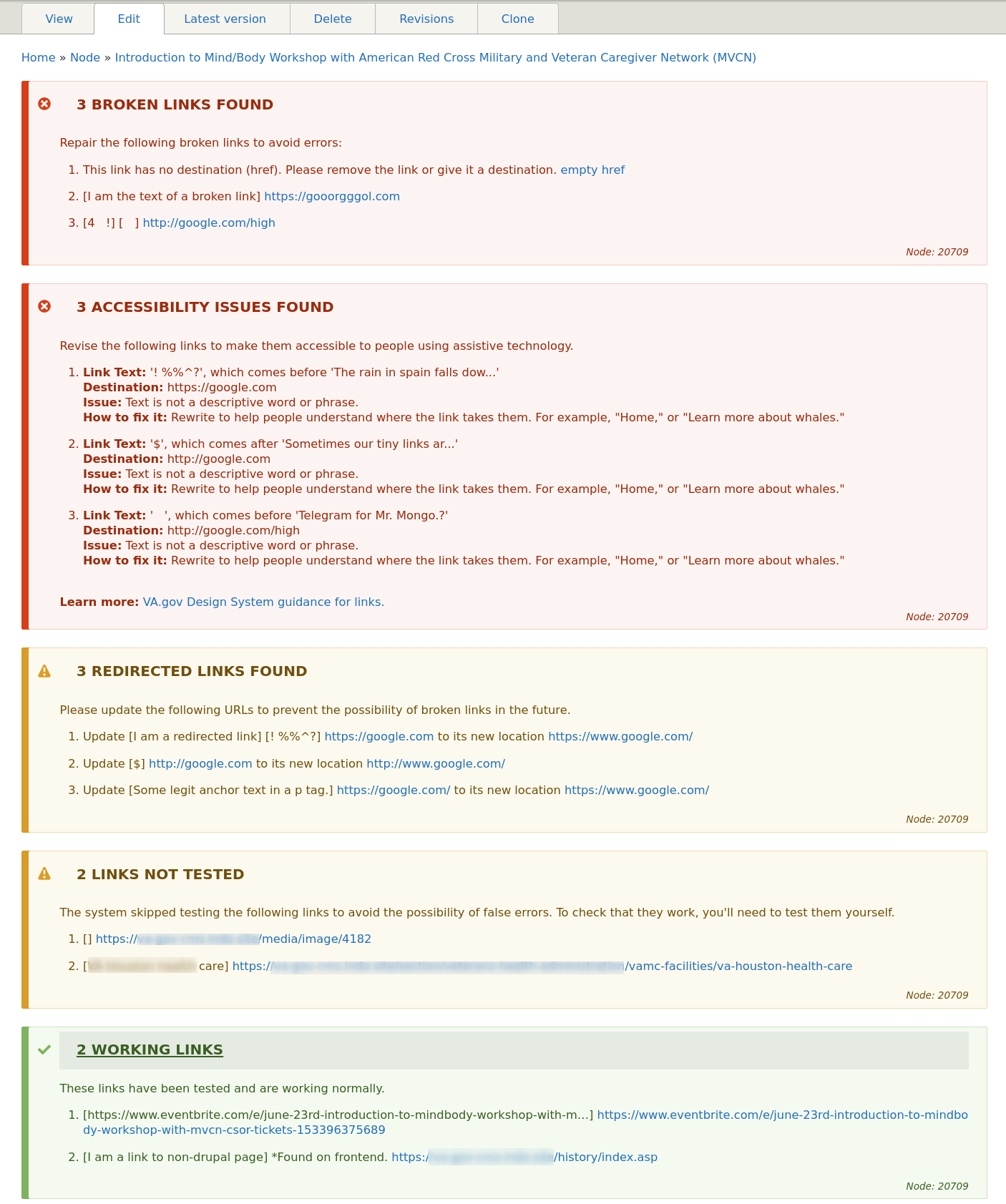 Node link report block sample screencap with all reports expanded.
