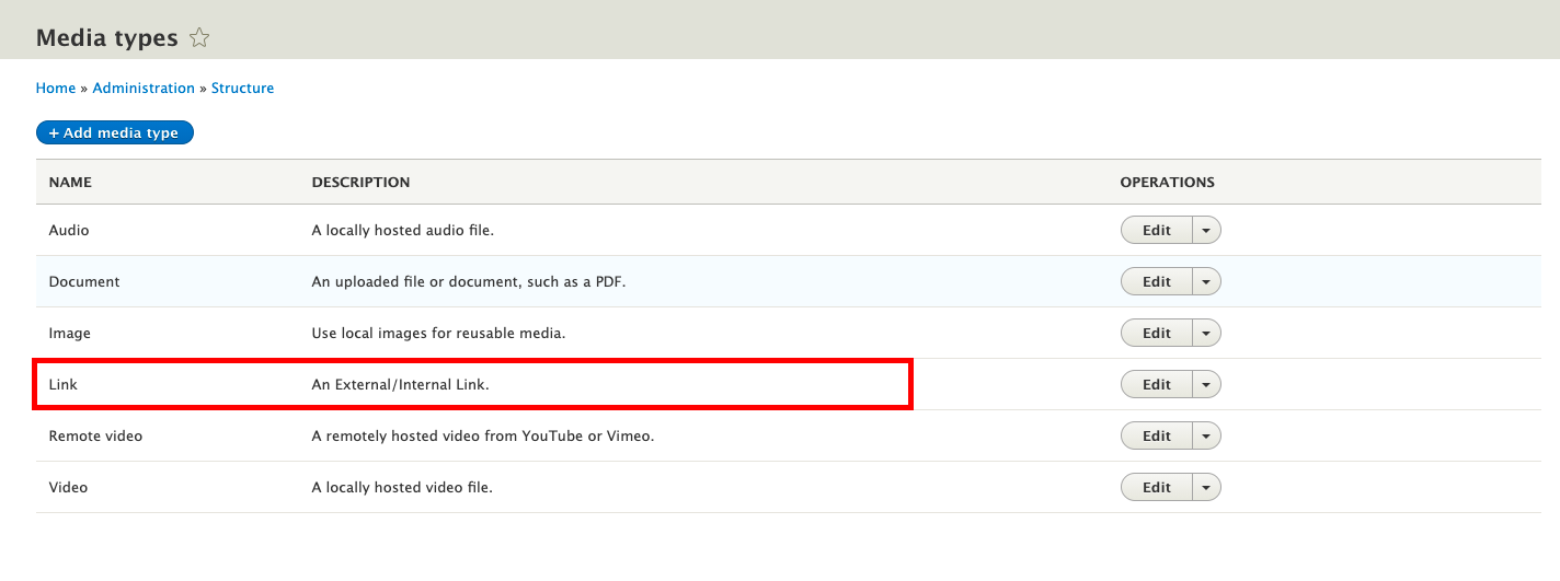 Media type link in the Drupal admin interface.