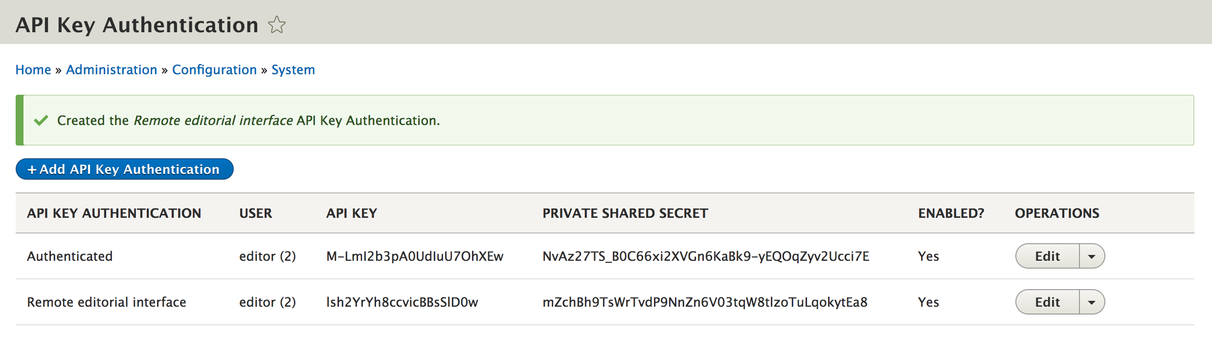 An overview of the API Keys created on the site