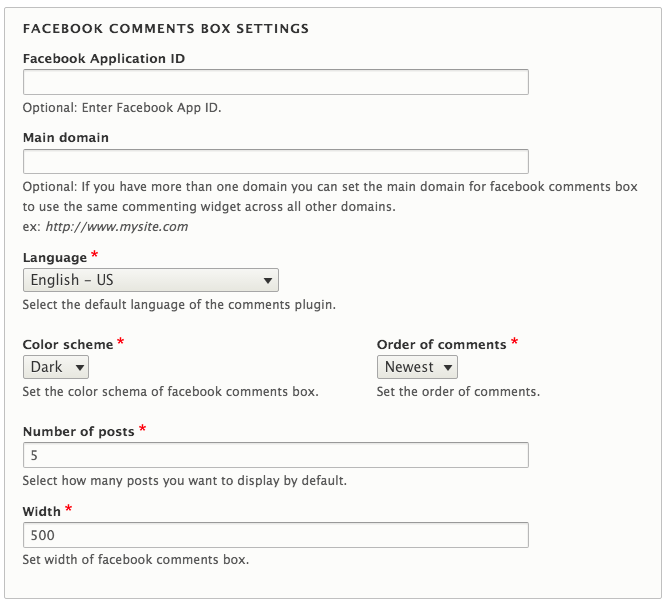 Facebook comments block configurations