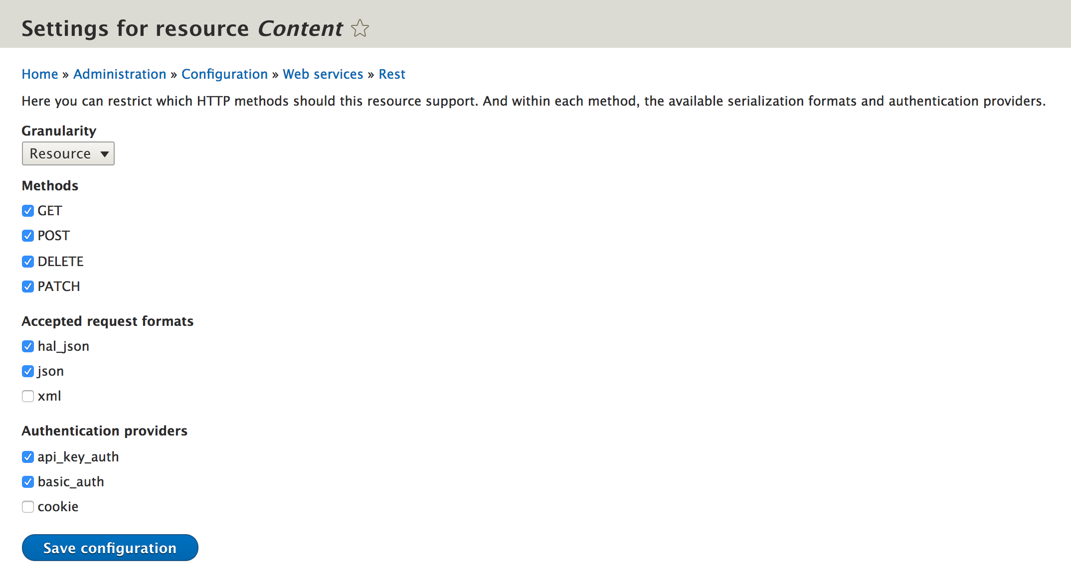 Configuration example of a REST end-point for basic node creation