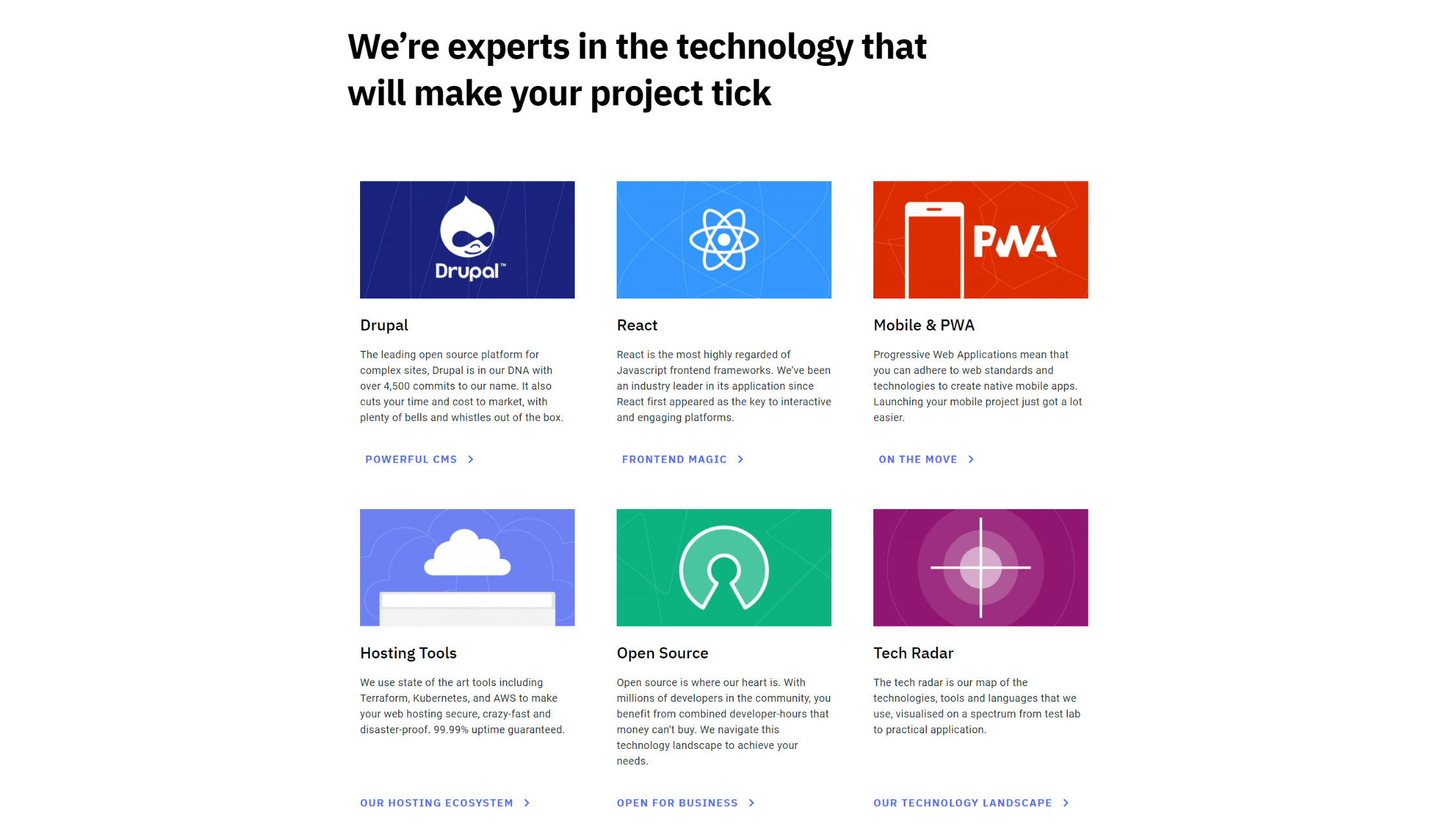 SystemSeed.com technologies page - six blocks with brief descriptions and individually coloured icons