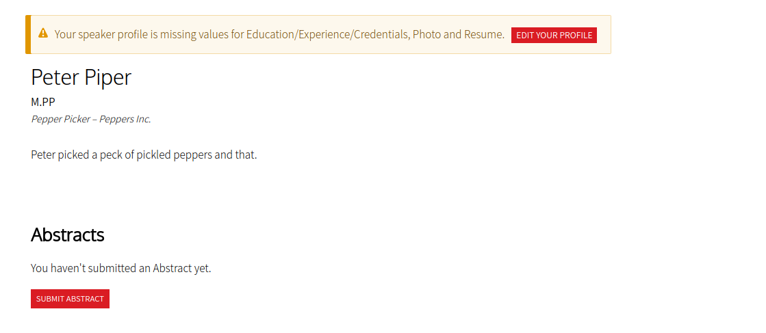 Screenshot: Incomplete user profile