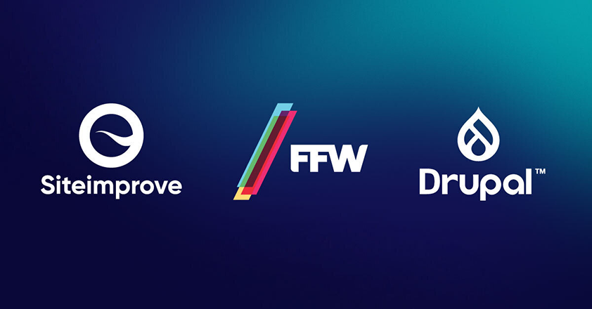 Blue background with Siteimprove, FFW, Drupal logos